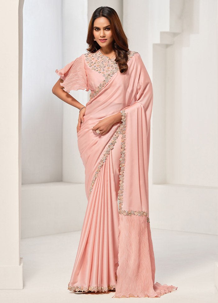 Peach Crepe Silk Saree With Blouse Piece