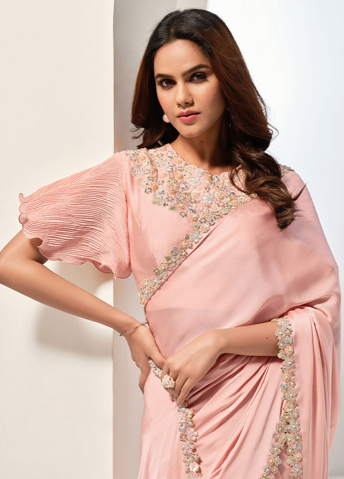 Peach Crepe Silk Saree With Blouse Piece