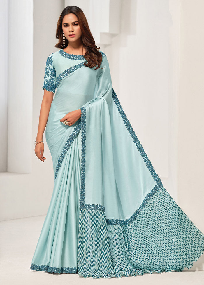 Light Blue Crepe Silk Saree With Blouse Piece