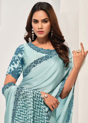 Light Blue Crepe Silk Saree With Blouse Piece