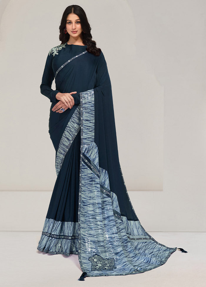 Teal Crepe Silk Saree With Blouse Piece