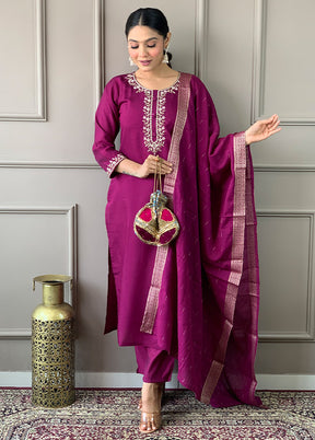 3 Pc Burgundy Readymade Viscose Suit Set