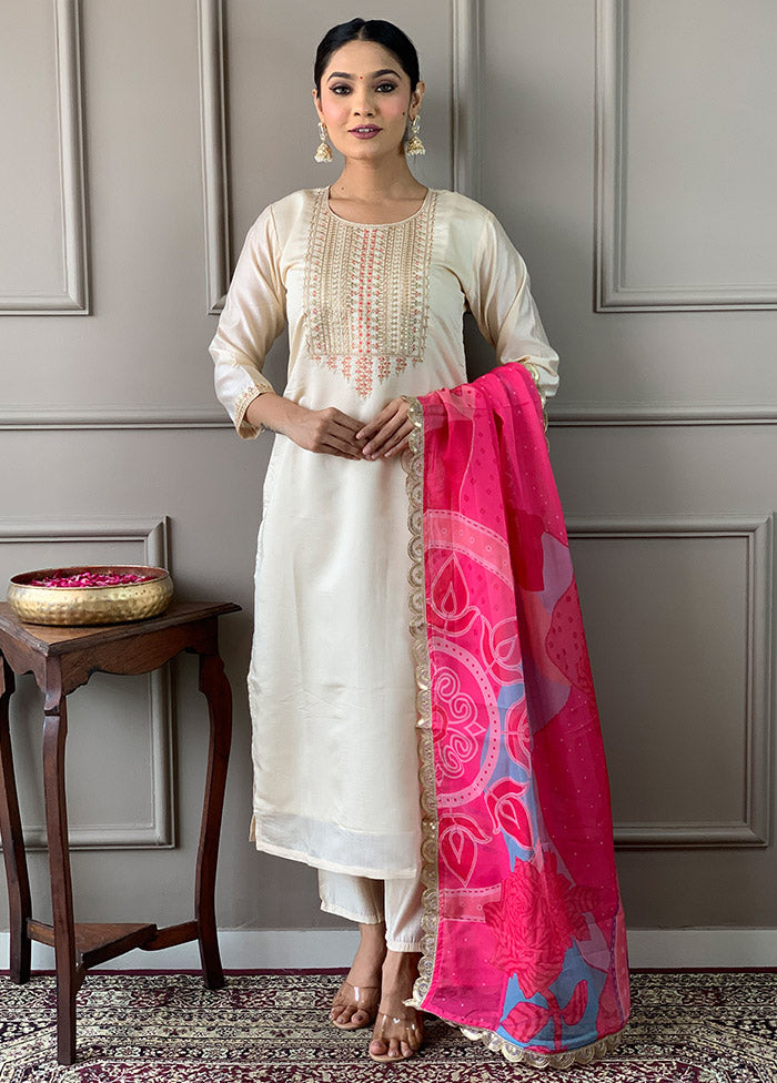 3 Pc Cream Readymade Viscose Suit Set