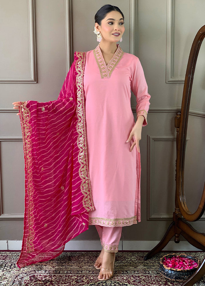 3 Pc Pink Readymade Viscose Suit Set