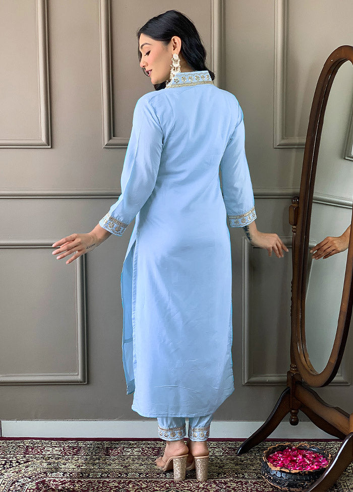 3 Pc Sky Blue Readymade Viscose Suit Set