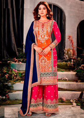 3 Pc Orange Semi Stitched Silk Dupatta Suit Set