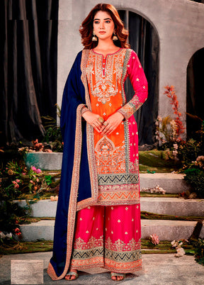3 Pc Orange Semi Stitched Silk Dupatta Suit Set