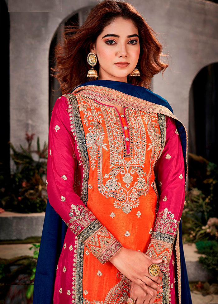 3 Pc Orange Semi Stitched Silk Dupatta Suit Set