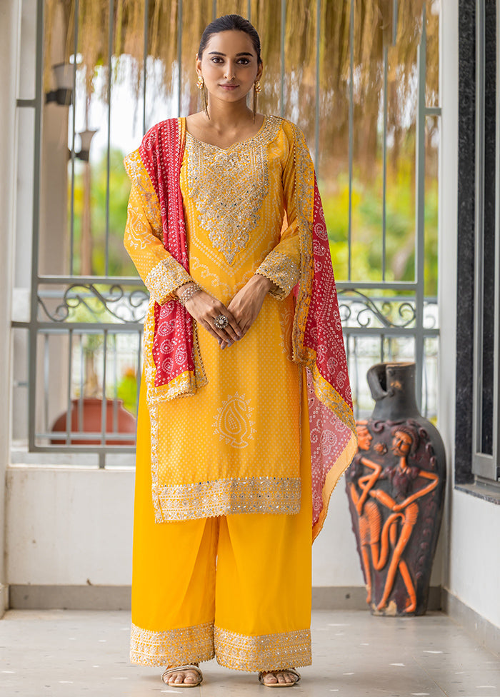 3 Pc Yellow Semi Stitched Silk Dupatta Suit Set