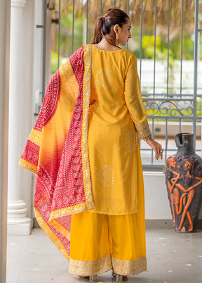 3 Pc Yellow Semi Stitched Silk Dupatta Suit Set