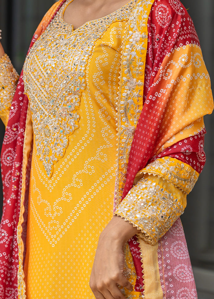 3 Pc Yellow Semi Stitched Silk Dupatta Suit Set