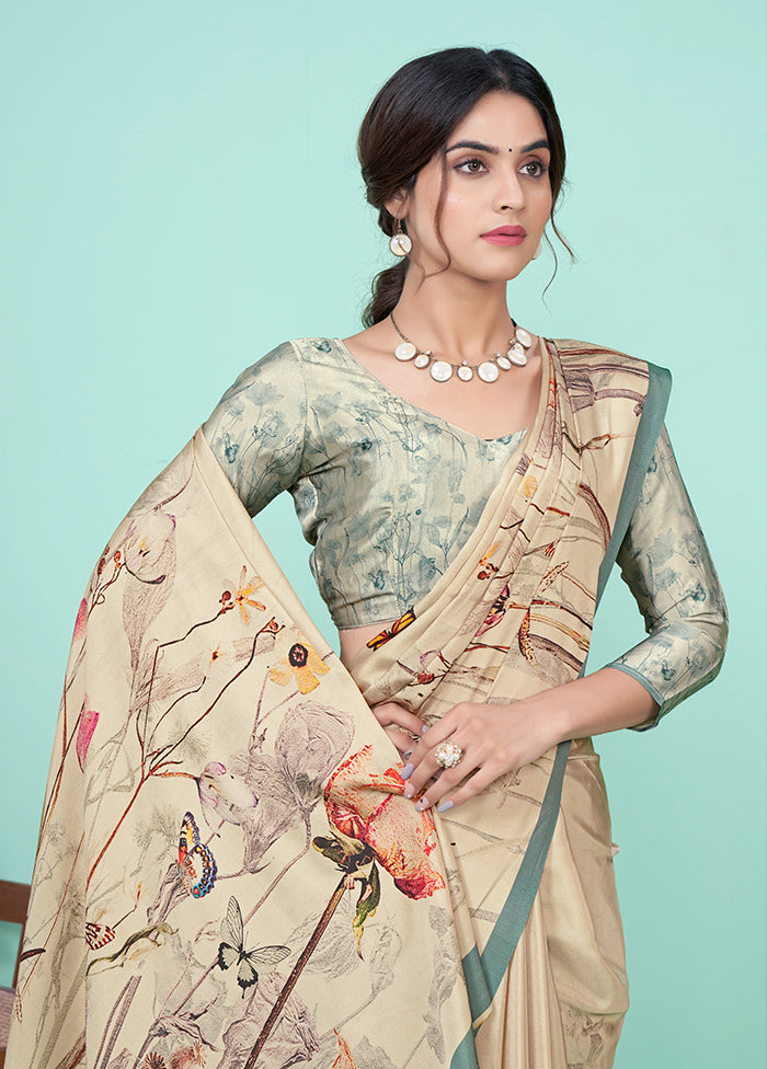 Cream Crepe Silk Saree With Blouse Piece