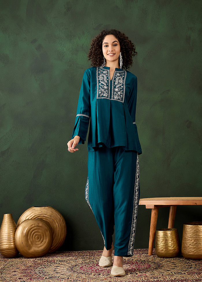 2 Pc Teal Readymade Silk Coord Set