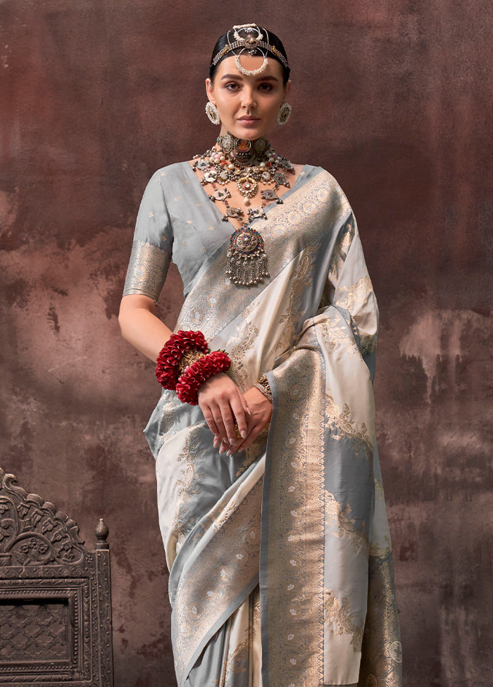 Grey Dupion Silk Saree With Blouse Piece