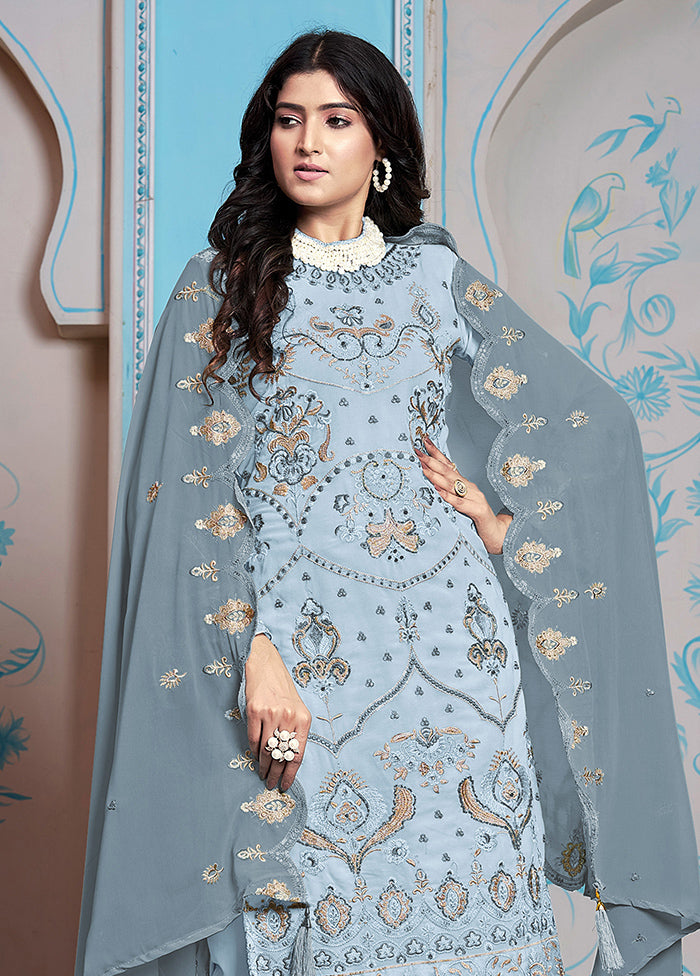 3 Pc Blue Semi Stitched Georgette Dupatta Suit Set