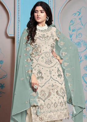 3 Pc Cream Semi Stitched Georgette Dupatta Suit Set