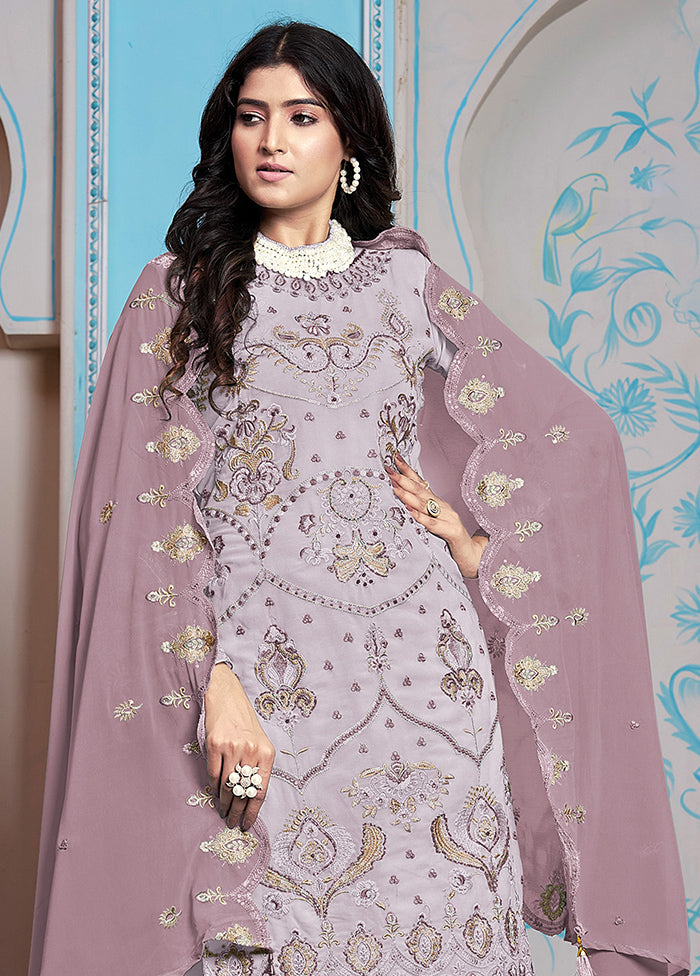 3 Pc Purple Semi Stitched Georgette Dupatta Suit Set