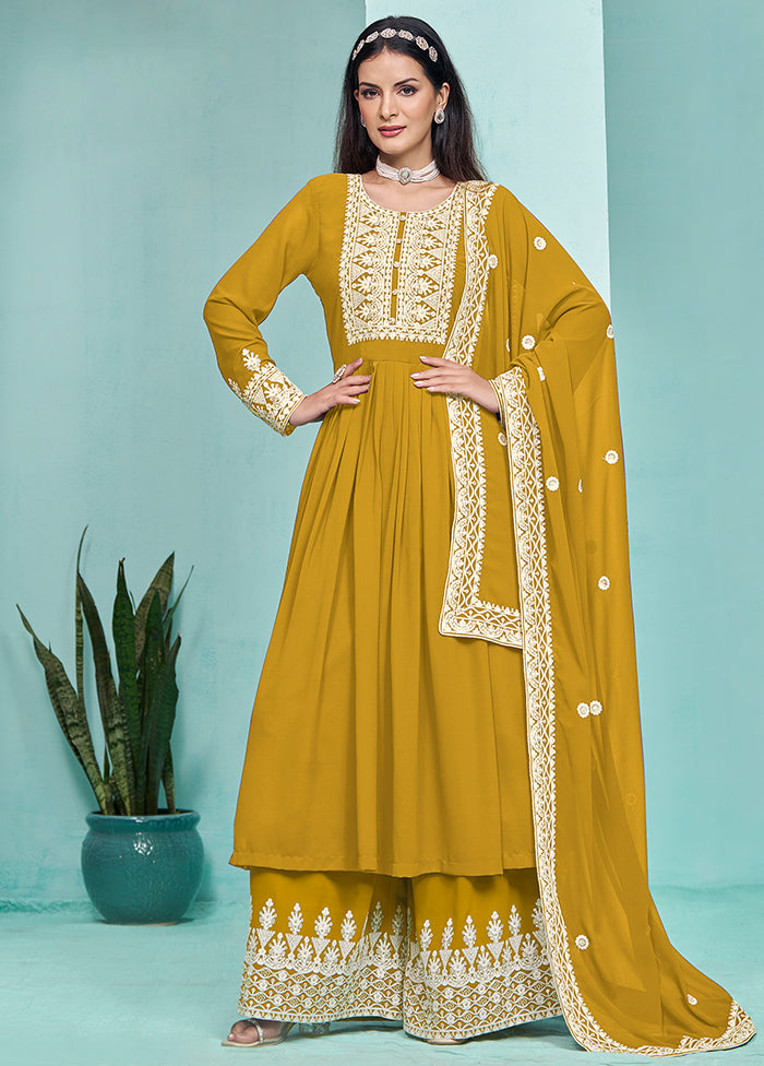 3 Pc Mustard Semi Stitched Georgette Dupatta Suit Set