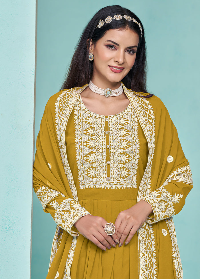 3 Pc Mustard Semi Stitched Georgette Dupatta Suit Set