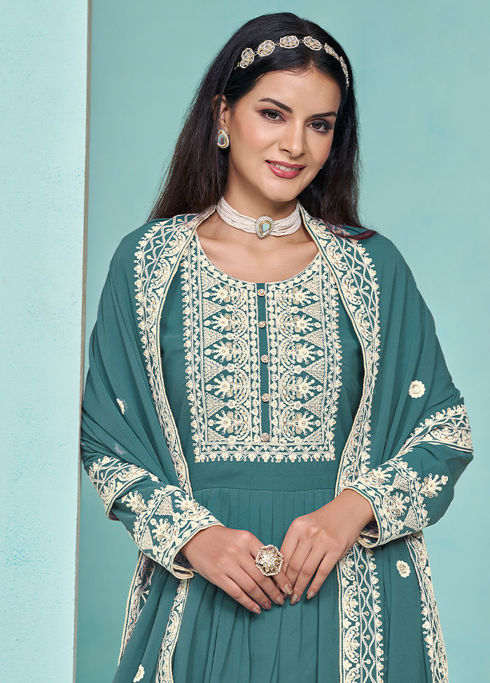 3 Pc Teal Semi Stitched Georgette Dupatta Suit Set