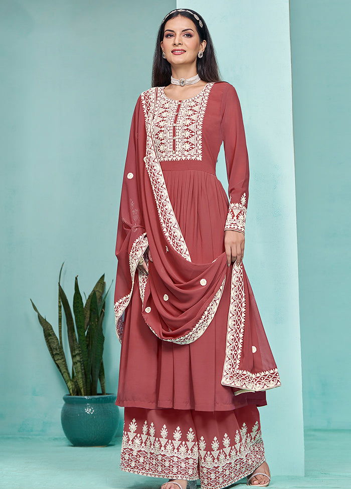 3 Pc Rust Semi Stitched Georgette Dupatta Suit Set