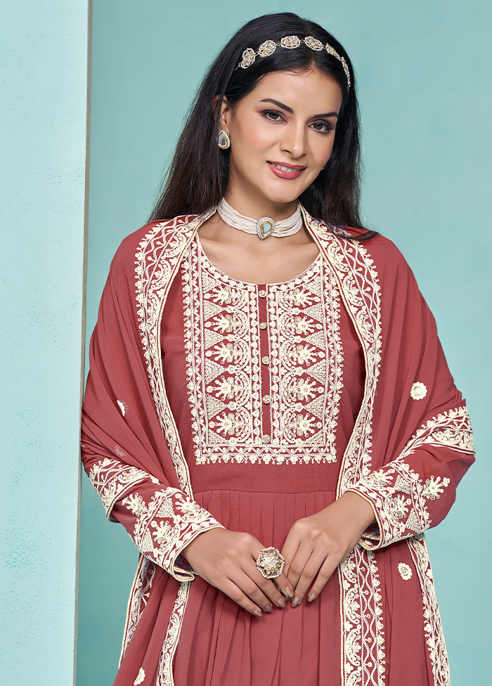 3 Pc Rust Semi Stitched Georgette Dupatta Suit Set