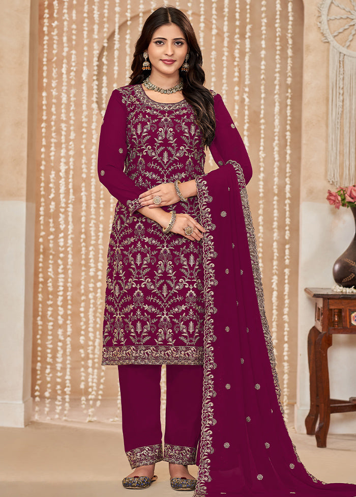 3 Pc Burgundy Semi Stitched Georgette Dupatta Suit Set