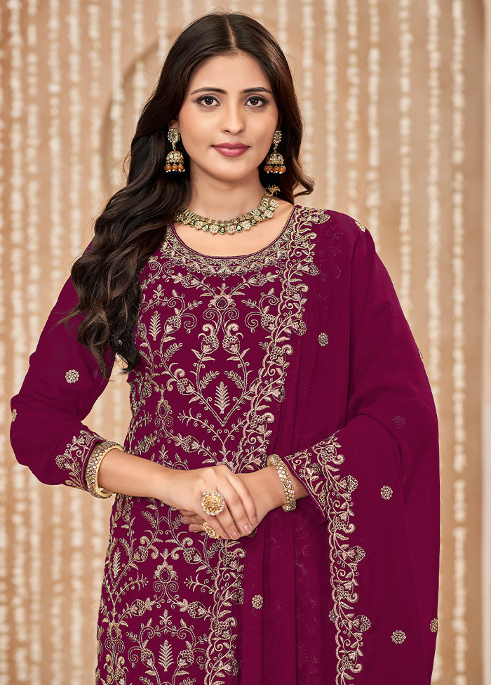 3 Pc Burgundy Semi Stitched Georgette Dupatta Suit Set