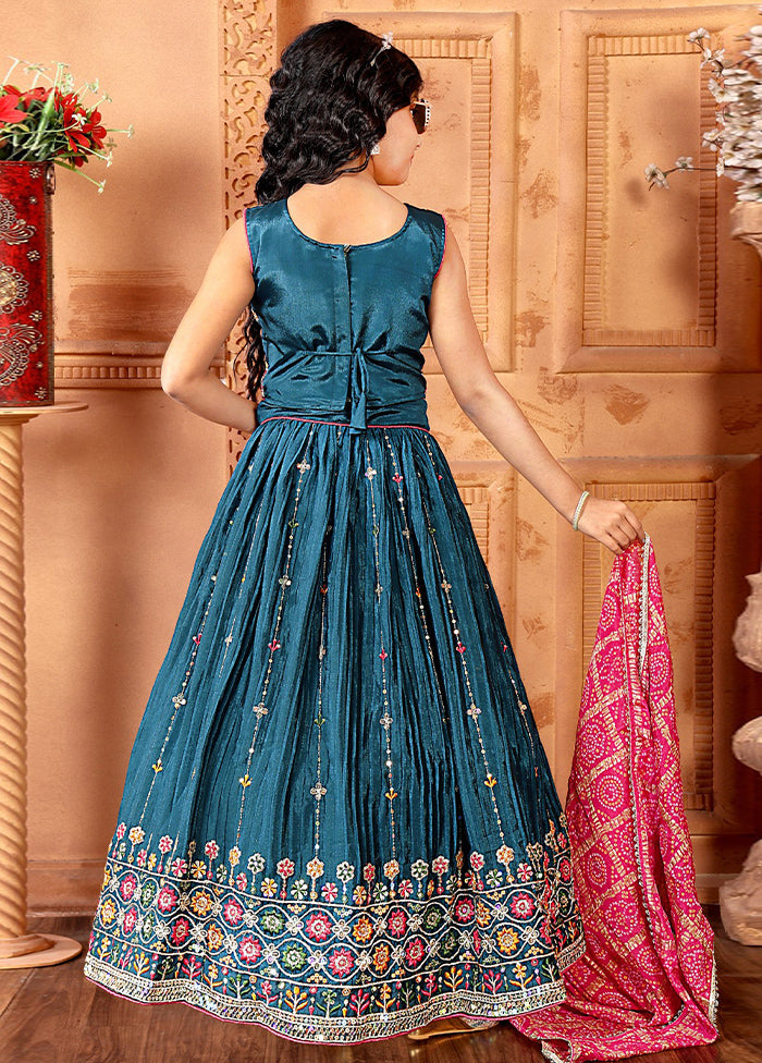 Teal Silk Sequance Embroidery Work Lehenga With Dupatta