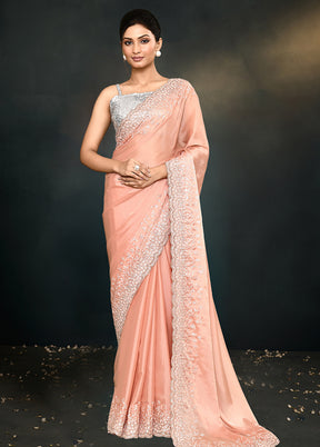 Peach Satin Silk Saree With Blouse Piece