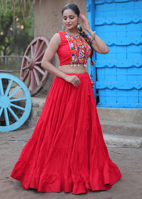 3 Pc Red Rayon Semi Stitched Lehenga Set