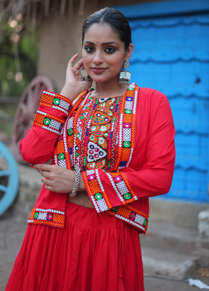 3 Pc Red Rayon Semi Stitched Lehenga Set