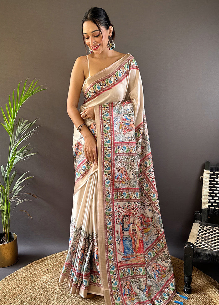 Beige Tussar Silk Saree With Blouse Piece