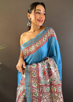 Blue Tussar Silk Saree With Blouse Piece