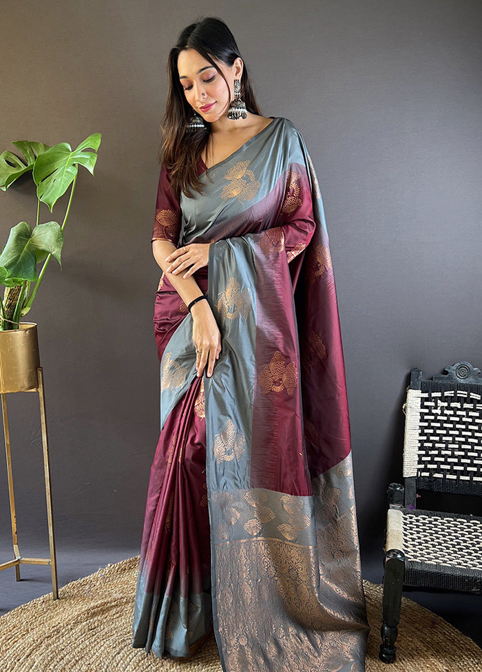 Burgundy Spun Silk Saree With Blouse Piece