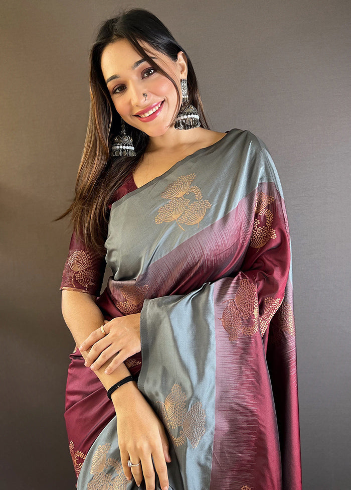 Burgundy Spun Silk Saree With Blouse Piece