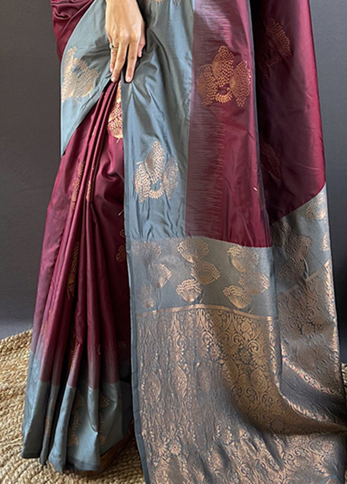 Burgundy Spun Silk Saree With Blouse Piece