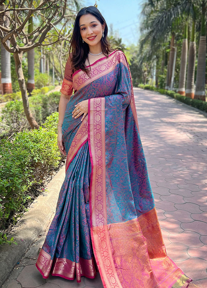 Blue Dupion Silk Saree With Blouse Piece