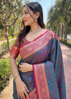 Blue Dupion Silk Saree With Blouse Piece