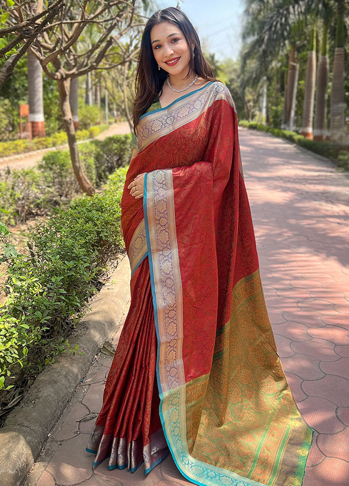 Red Dupion Silk Saree With Blouse Piece