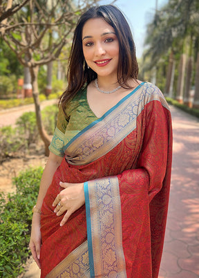 Red Dupion Silk Saree With Blouse Piece