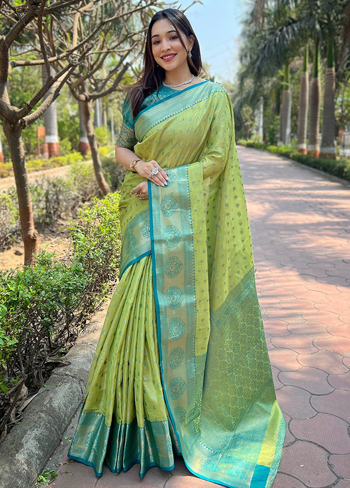 Pista Green Spun Silk Saree With Blouse Piece