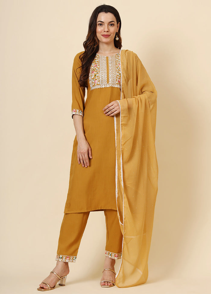 3 Pc Mustard Readymade Cotton Suit Set