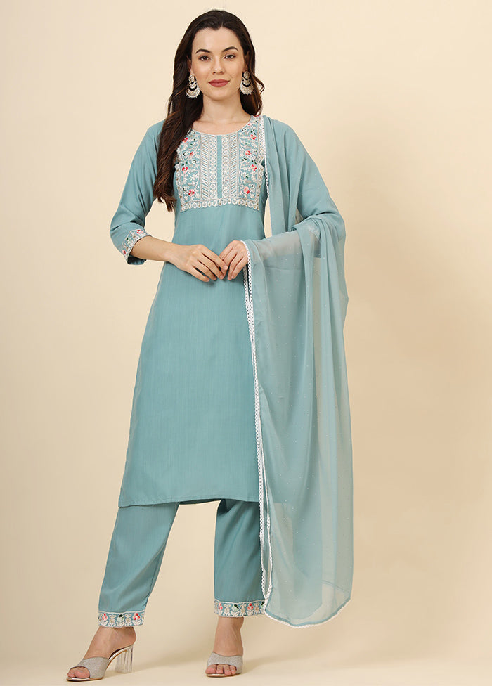 3 Pc Blue Readymade Cotton Suit Set