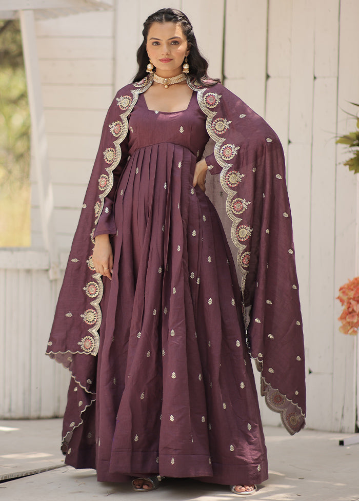 Purple Readymade Silk Long Indian Dress With Dupatta