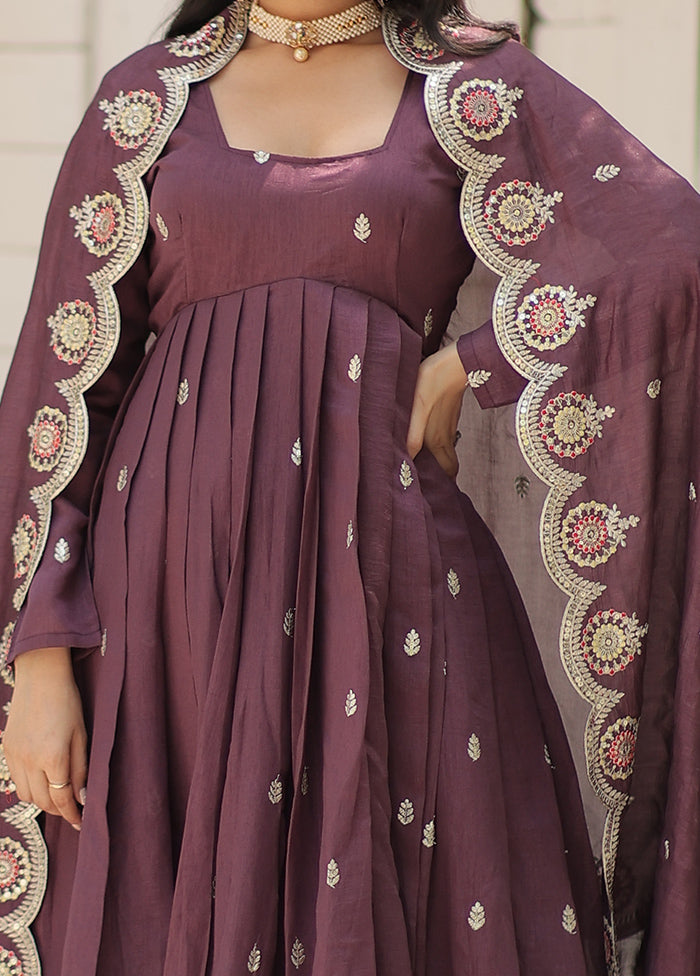 Purple Readymade Silk Long Indian Dress With Dupatta