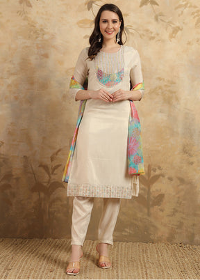 3 Pc Beige Readymade Silk Suit Set