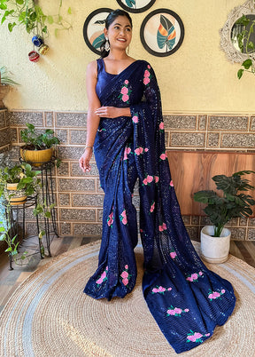 Navy Blue Georgette Saree With Blouse Piece