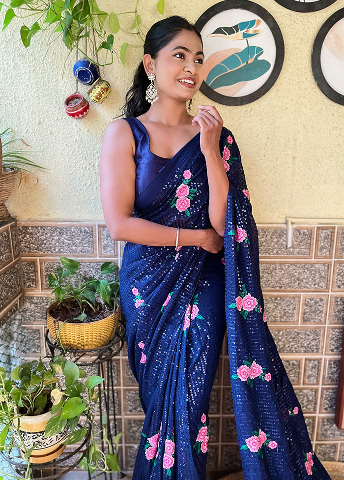 Navy Blue Georgette Saree With Blouse Piece