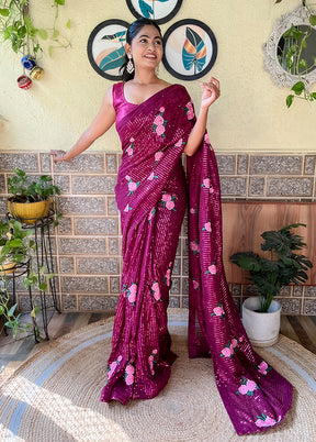 Wine Georgette Saree With Blouse Piece